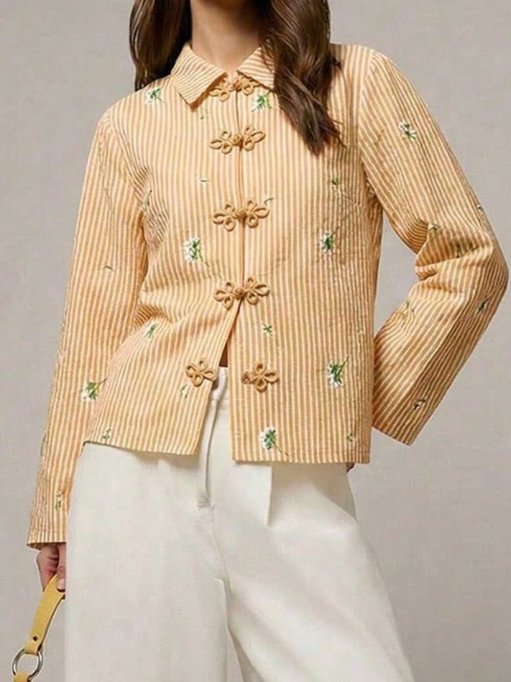 Yellow Casual Women's Blouse with Chinese Buttons, Striped & Floral Print - Picture 3 of 6